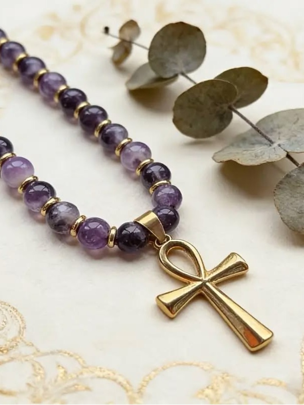 Purple amethyst Beaded Necklace with Gold plated Ankh Pendant. - Picture 2 of 3